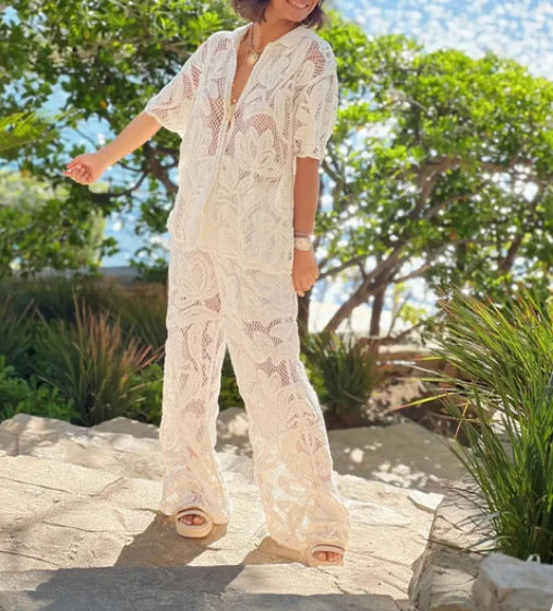Lapel Hollow Loose Co-ord Top & Pants Set