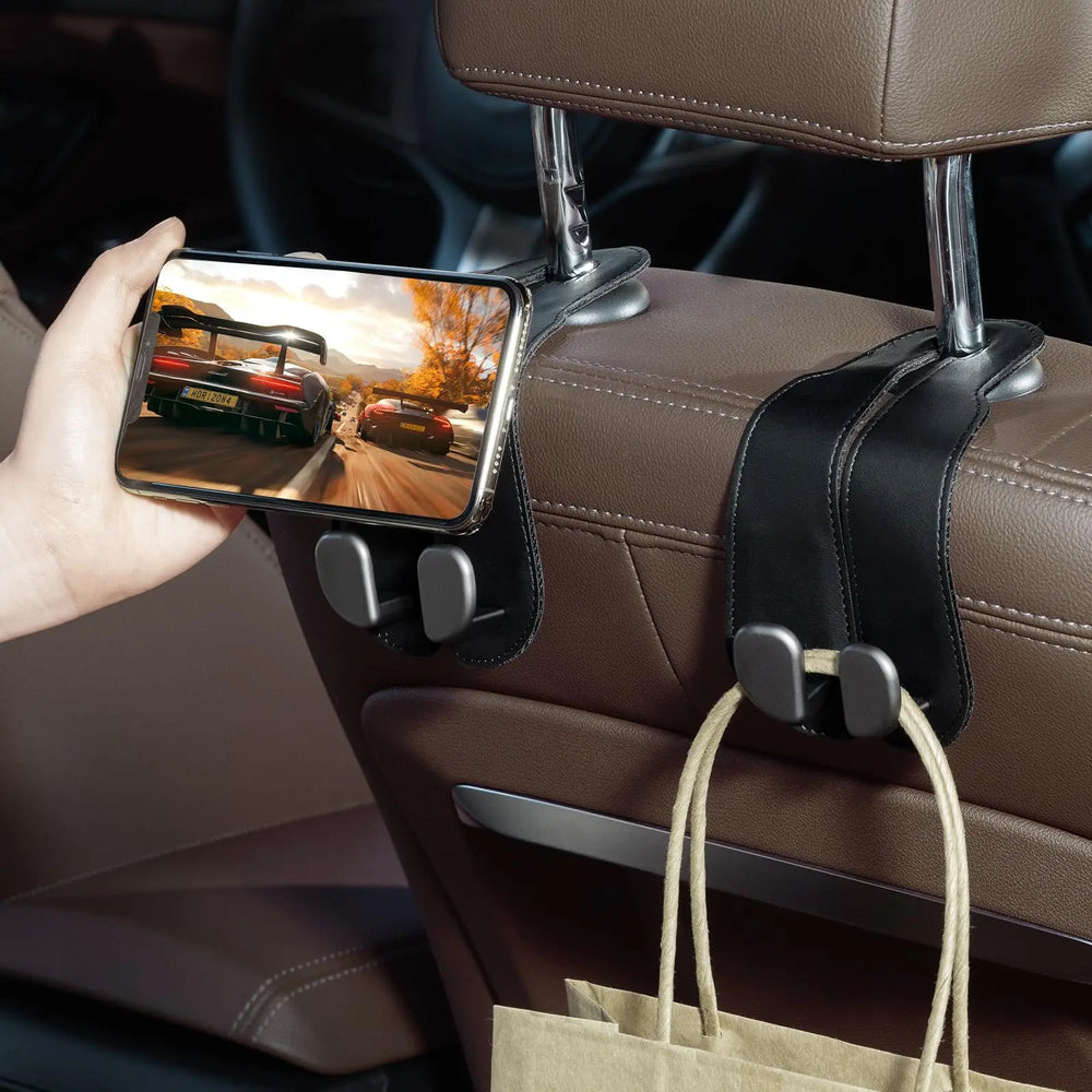 Car Seat Headrest Hooks - 2 Pack Universal Car Purse Hook, Leather Car Bag Purse Holder with Double Metal Hooks for Handbags, Grocery Bags, Bottles, Phones