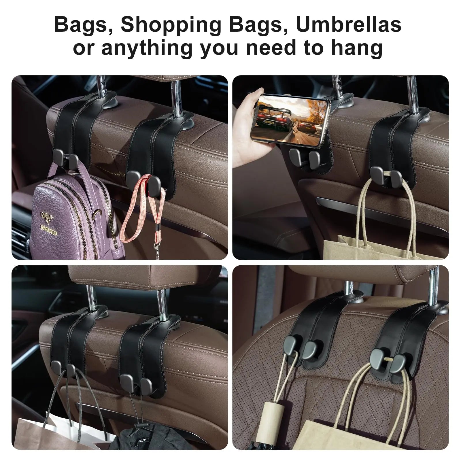 Car Seat Headrest Hooks - 2 Pack Universal Car Purse Hook, Leather Car Bag Purse Holder with Double Metal Hooks for Handbags, Grocery Bags, Bottles, Phones
