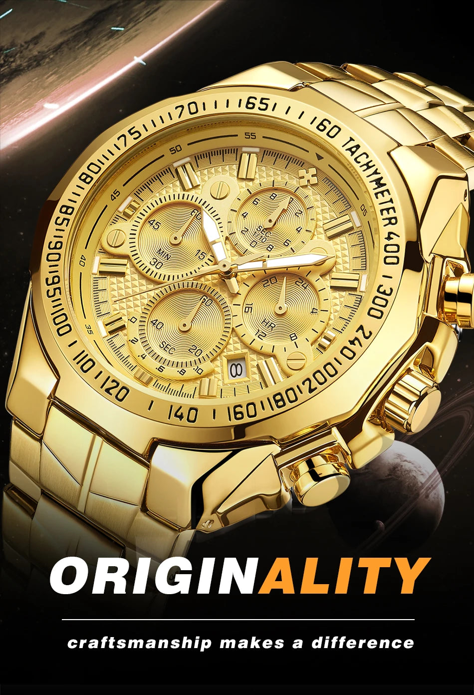 WWOOR Men's Gold Chronograph Luxury Wristwatch