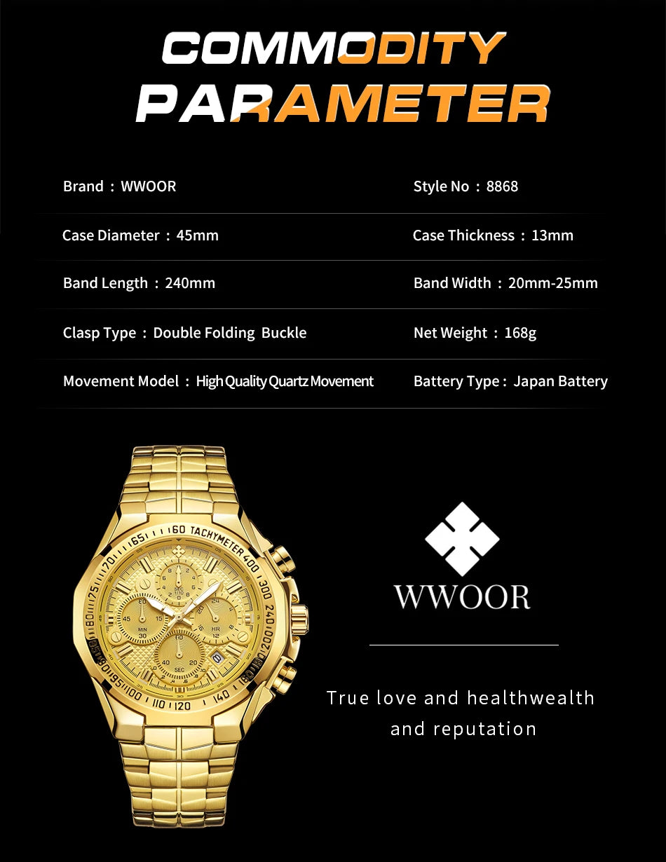 WWOOR Men's Gold Chronograph Luxury Wristwatch